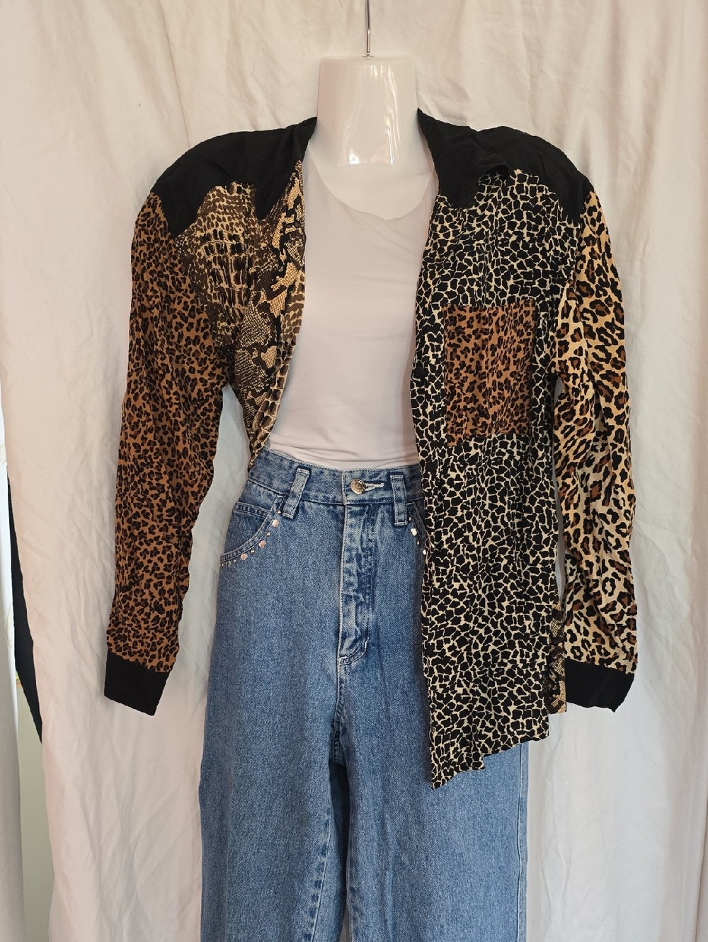 Y2k Vintage Blouse With Shoulderpads Leopard Animal Print Patchwork